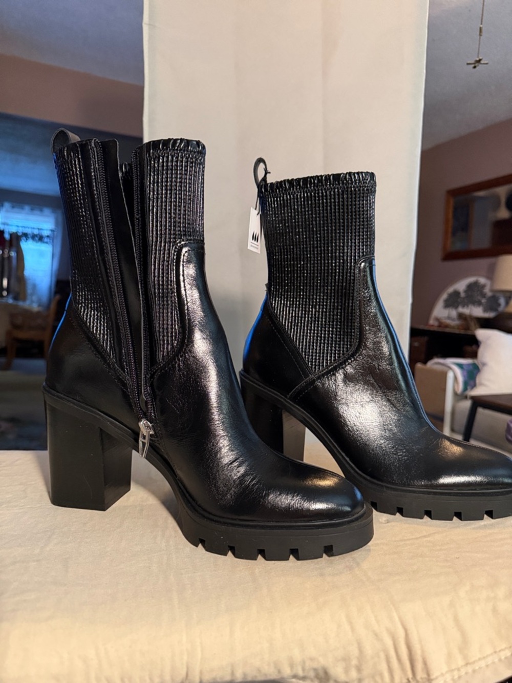 Dolce Vita Black Lug Sole Block Heel Knit Ankle Boots